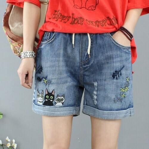 Summer Women Vintage Jeans Shorts Cartoon Embroidery Casual Elastic High Waisted Ripped Denim Shorts Plus Size Ropa De Mujer