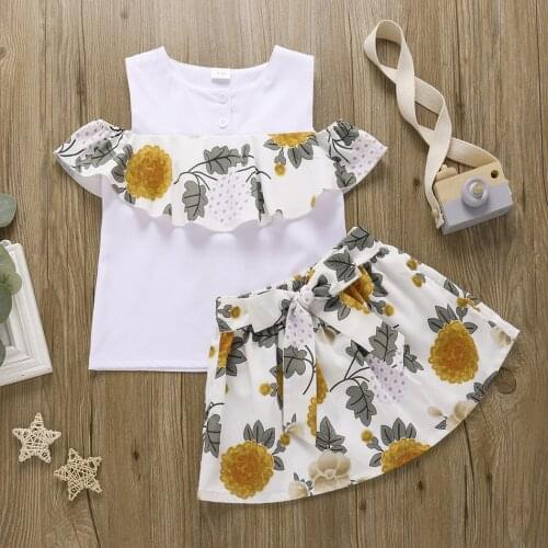 Girl Floral Ruffle Summer Clothign Set Toddler Kid Sleeveless Tops Shirt Casual Bowknot Short Pants Outfit Costume Set 2PCS