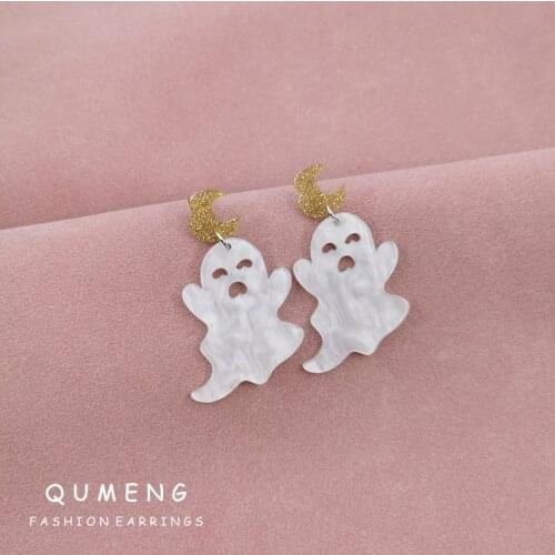 QUMENG 2021 Fashion Funny Lovely Weird Halloween Yellow Moon White Specter Ghost Acrylic Pendant Earrings High Quality Jewelry