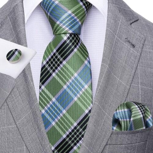 Fashion Green Plaid Men Tie Set Silk Jacquard Necktie Wedding Business Handkerchief Cufflinks Tie Barry.Wang Designer FA-5327