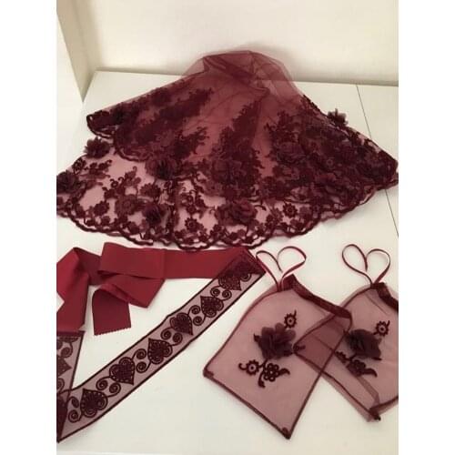 Bridal veil set 3D flower and glitter embroidered henna night wedding wedding marriage accessory burgundy red color 2021 model