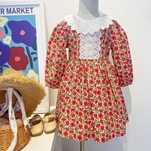 2021 Autumn Kids Clothes Girls Lace Collar Floral Print Princess Dress Baby Long Sleeve Children Dresses Toddler Vestidos 18M-7Y