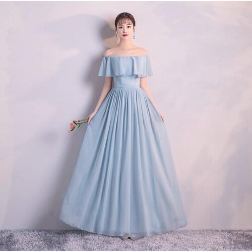 Elegant Blue Long Voile Sexy Party Dress Strapless Women Dresses Vestido Graduation Hostess Dress Summer Clothes For Women 0079