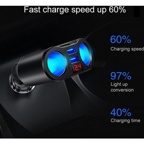 Car 2 Way Power Socket Splitter 12V 24V 3.0 Dual USB Charger LED Voltmetr Car Cigarette Lighter For Mobile Phone Tablet SUV