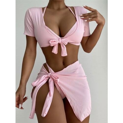 Pink Swimwear 4 Piece Bikinis Set Women Swimsuits Ribbed Halter Triangle Bikini String Thong with Crop Tops Cover-up Beach Wear