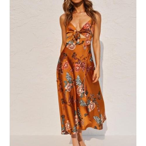 Sexy Women Sling Dress V Neck Waist Tight Floral Print Spaghetti Straps Slit Hem Maxi Dress for Party
