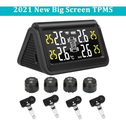 Solar Power TPMS Car Tire Pressure Alarm Monitor System Big Screen Pressure Temperature Warning Built-in and External Sensors