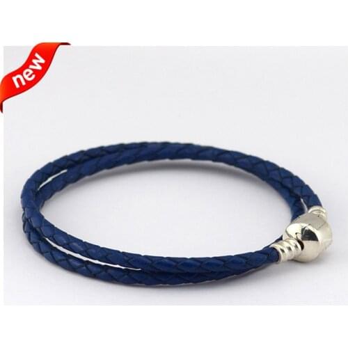 Dark Blue Double Leather Bracelet Fits sterling silver Original Charms & Beads For Woman DIY Jewelry Making