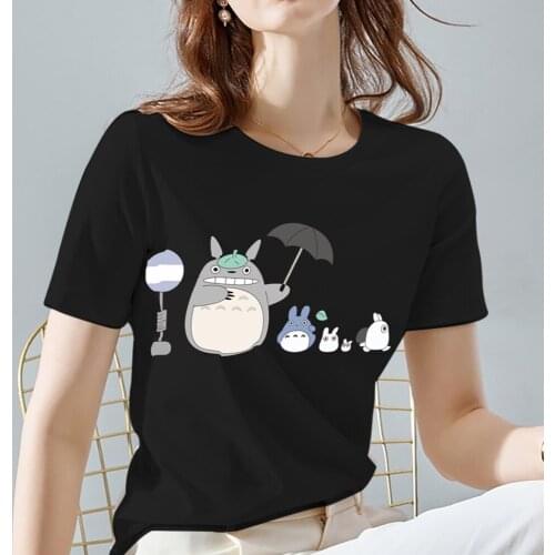 Womens T-shirt Hayao Miyazaki Totoro Pattern Tee Classic Black All-match Animal Printed Series Short Sleeve Tops Ladies Clothes
