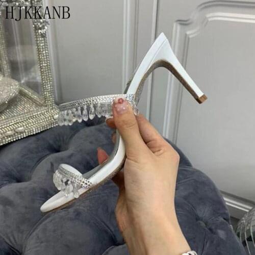 Crystal Pendant Word Slippers Stiletto Heels Women 2021 New Rhinestone Slides Female Summer Sexy Party Banquet Dress Sandals