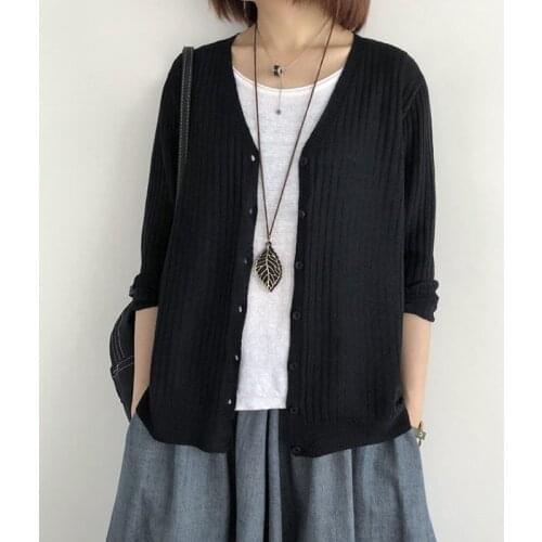 Linen Knitted Cardigan Womens Thin Loose Large V-neck Spring New Long Sleeve Sweater