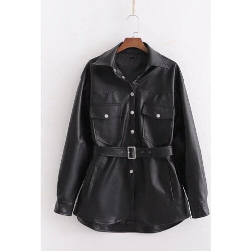 Autumn and winter women fashion loose water wash single breasted pu casual coat female trendy faux leather belted outerwear