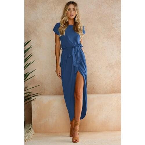 Summer Vogue Dress Front Split Irregular Women Casual Solid Color Vestido Fashion O-Neck Short Sleeve Dresses Plus Size Sukienka