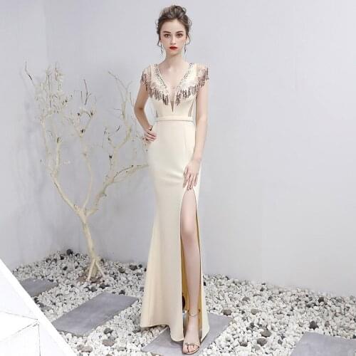 Evening Dress Sexy Sleeveless Mermaid V-Neck Zipper Back Simple Sequins Floor-length Plus size Women Formal Party Dresses C1290