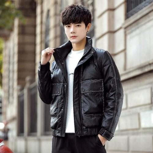 Winter fashion, simple and handsome, PU leather down jacket, stand-collar short, step-on-line jacket