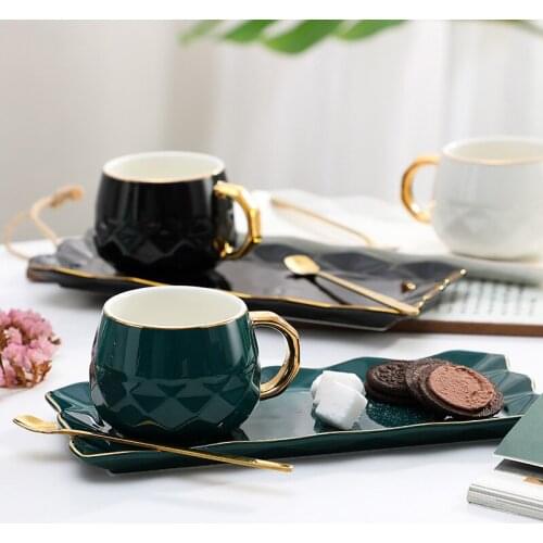 250ml European Ceramic Coffee Cup and Saucer Spoon Set Travel Bubble Tea Milk Mug Three- Piece Saucer Set Dinkware tazas de cafe