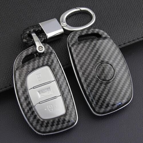 For Hyundai Elantra Tucson Sonata Carbon Fiber Hard Smart Car Key Fob Chain Case Cover Shell Ring Keychain