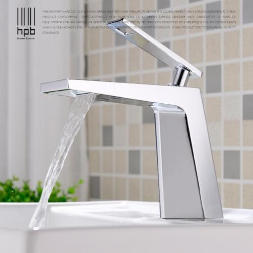 HPB Waterfall Copper Brass Basin Faucet Bathroom Sink Tap Mixer Deck Mounted Hot and Cold Water Single Handle Single Hole HP3045