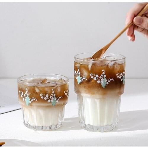 Korea Lily of The Valley Flower Glass Tumbler Ice Coffee Cup Glass Reusable Cola Milk Tea Cup Superposition Cup