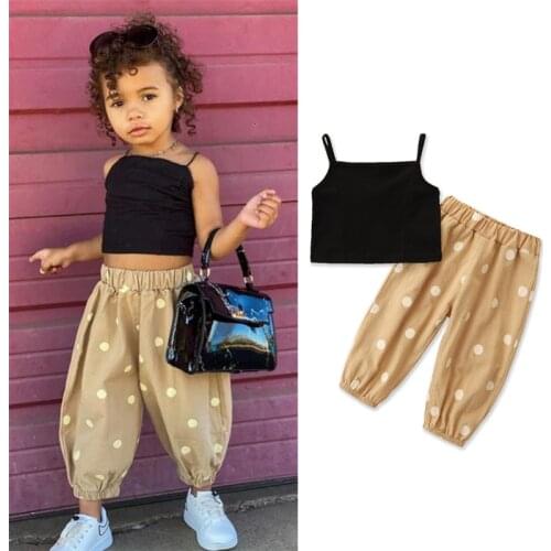 2pcs Fashion Kids Girls Clothes Suit Toddler Summer Solid Sleeveless Tanks Tops Polka Dot Print trousers Outfit Sets