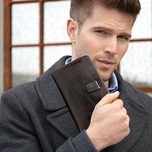 Cowhide Genuine Leather Mens Wallet Business Black Brown Zipper Hand Holding Mobile Phone Bag Change Storage Mens Wallets