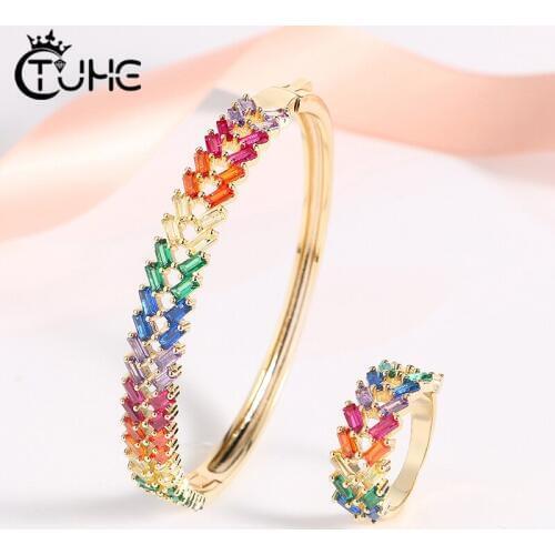 Two Rows Gold Rainbow Crystal Bracelet Rings Set Women 2019 CZ Rainbow Square Colorful Bangle Finger Rings Jewelry Set