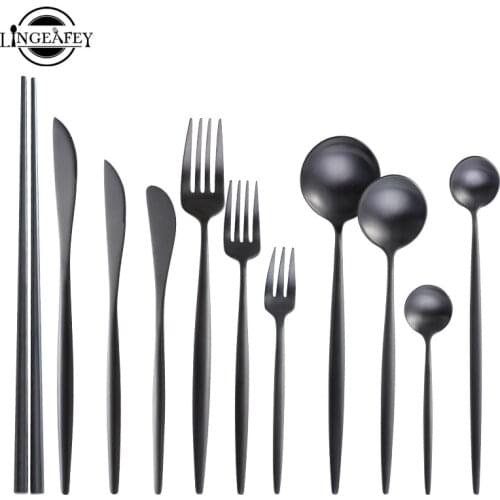 Matte Black Cutlery Set Stainless Steel Flatware Set Kitchen Silverware Steak Tableware Dinnerware Spoon Fork Knife Chopsticks