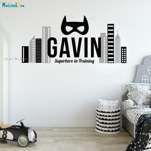 Superhero Custom Name and Colors Wall Stickers Home Decor For Kids Baby Room Personalized Decal City Nursery Murals YT2498