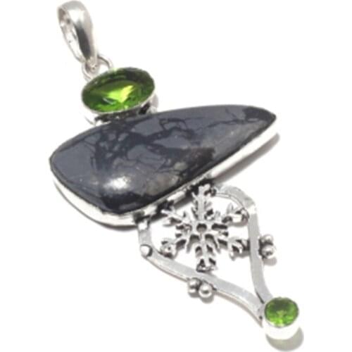 Genuine Picasso Jasper + Peridot Pendant Silver Overlay over Copper , Hand made Women Jewelry Gift
