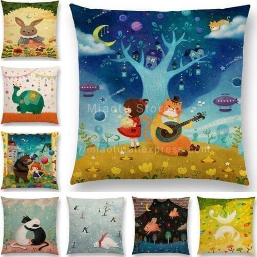New Cute Lovely Girl Happy Family Cushion Cover Party Rabbit Elephant Bear Cat Fox Pig Cartoon Animals Sofa Throw Pillow Case