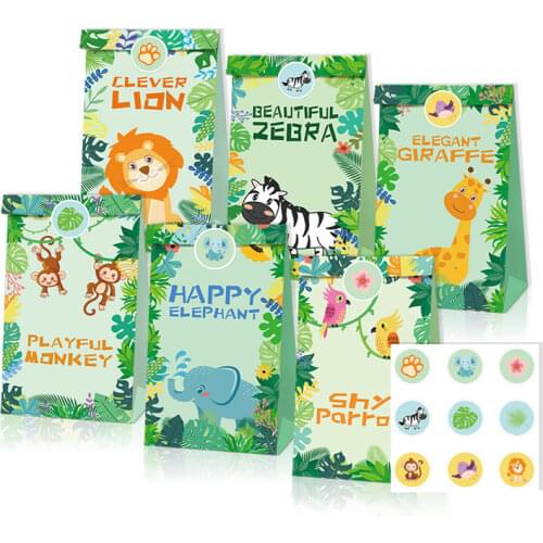 OEIN 12Pcs Safari Animals Paper Candy Gifts Bags Jungle Party Decorations Sweet Gifts Box Safari Happy Birthday Party Supplies
