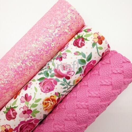 Onefly 21X29CM Pink Glitter Fabric, Flowers Printed Leather, Weaving Synthetic Leather Sheets For Bow DIY handbags shoes DQ029