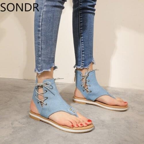 US4-11 Womens Sandals Cowboy Roman Ankle Straps Flat Summer Gladiator Tong Toe Denim Jeans Slingbacks Shoes 3Colors Plus Size