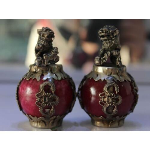 Tibet Silver Red Jade Dragon Phoenix Ball Foo Fu Dog Guardion Lion Pair Statue wholesale factory Bronze Arts outlets