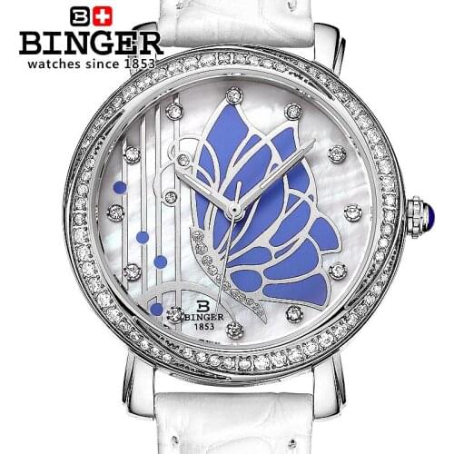 Switzerland Binger Womens watches Luxury Brand leather strap quartz butterfly diamond Clock Ladies Watch Wristwatches B-3019L-2
