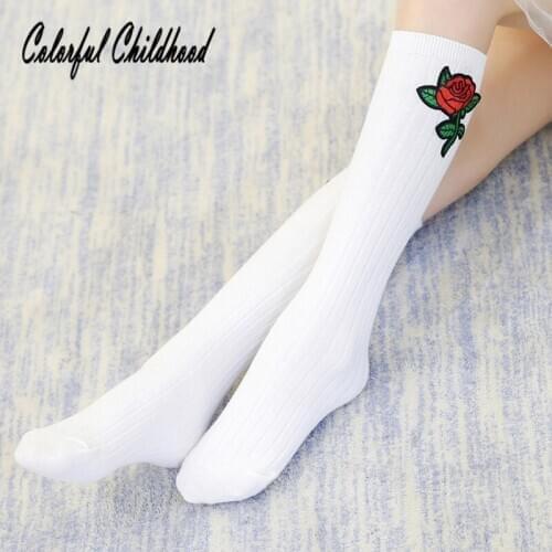 Vintage rose embroidery girls socks cotton solid color stripe socks for kids knee high long socks children leg warmers