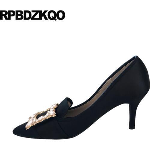Prom pointed toe high heels medium rhinestone metal crystal women 2019 silk pumps thin green satin diamond peach black shoes new