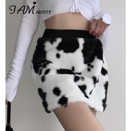 Cow Printed Furry Straight y2k Short Skirt Women Party Harajuku Kawaii High-waisted Korean Fashion Aesthetic Streetwear Iamhotty
