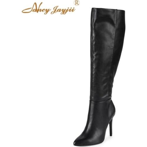 Women Shoes Adult Boots knee-High Super Hihg Thin Heels Solid Pointed Toe Ladies Mature Slip-On Winter Black Nancyjayjii 2019