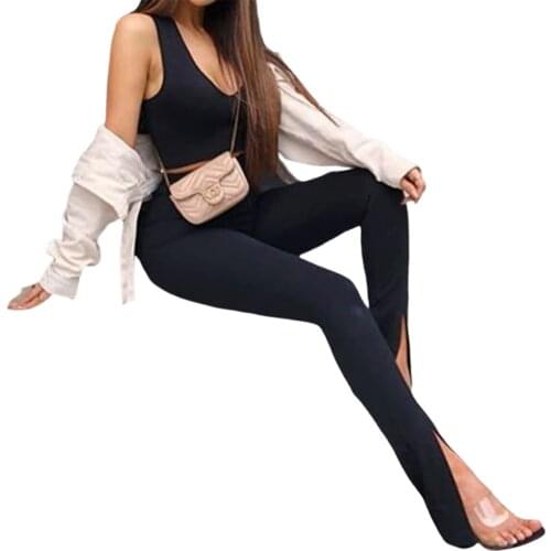 Women Office Lady Skinny Fit Stretchy Flare Pants Slits High Waist Push Up Buttom Ankle Length Trousers Solid