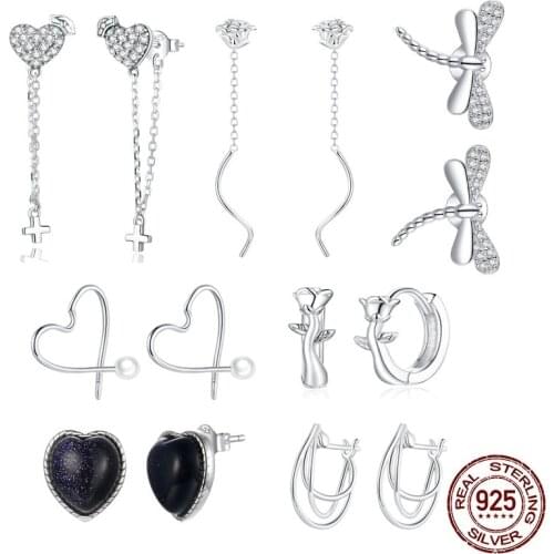 BISAER Elegant Rose & Love Heart Earrings 925 Sterling Silver Geometric Women Stud Earrings Female Silver Jewelry EFE439