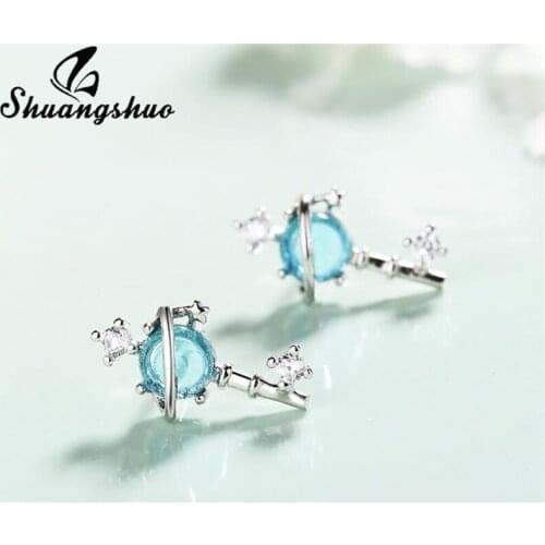 Shuangshuo Bule Crystal Planet Stud Earrings Cross Earing for Girls Christmas Jewelry Earing Women pendientes piercing