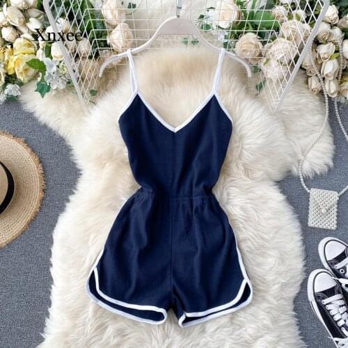 Women Sexy Strap Jumpsuits Summer V Neck Sleeveless Backless Solid Rompers Korean Off Shoulder Casual Short Rompers Outfits