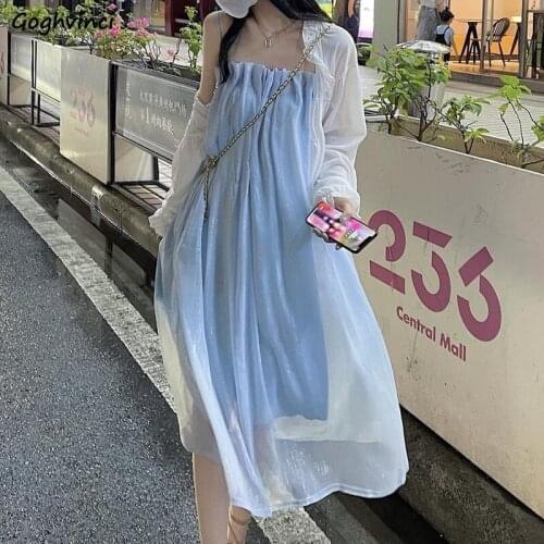 Summer Women Sets Long Puff Sleeve Solid Loose Simple Tops Mid-calf Sleeveless Dress Peals Pleated Korean Style Fashion Sweet