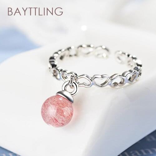 BAYTTLING 925 Sterling Silver Pink Strawberry Crystal Heart Open Ring For Woman Fashion Jewelry Couple Ring Gift