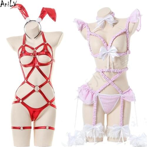 AniLV Lolita Girl Pink Plaid Straps Bodysuit Swimsuit Uniform Costume Anime Maid Women one-piece Swimwear Pool Party Cosplay