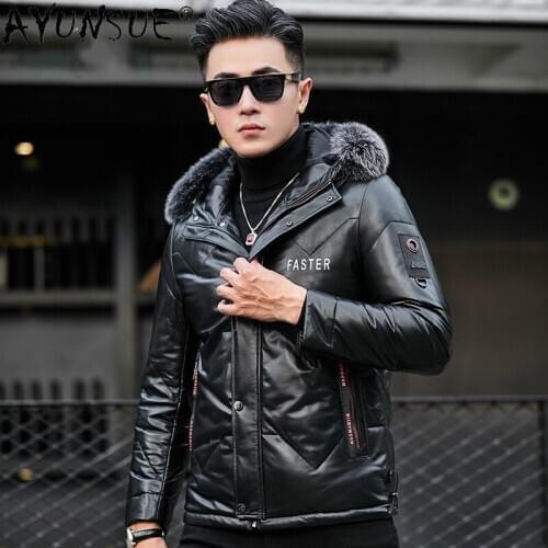 AYUNSUE Down Jacket Men Clothing Winter Coat Real Fox Fur Collar Clothes Hooded 100% Sheepskin Leather Jackets Mens Ropa LXR542