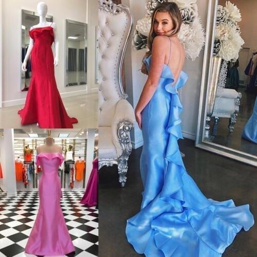 Long Prom Dresses 2019 Ruffles Train Sheath Strapless Neckline Soft Satin vestidos de festa Designer Open Back vestidos de gala
