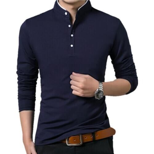 Jospoo T-Shirt Men Cotton T Shirt Full Sleeve Tshirt Men Solid Color T-shirts Tops&tees Mandarin Collar Long Shirt