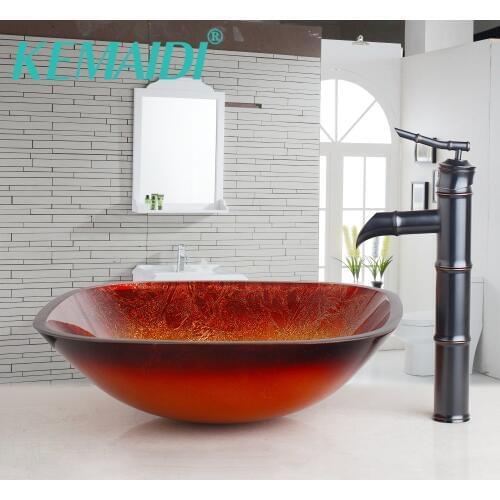 KEMAIDI Oil Rubbed Bronze Bathroom Basin Tap Black Bathroom Washbasin Set Faucet Mixer Taps Square Gold Tempered Glass Sink Set